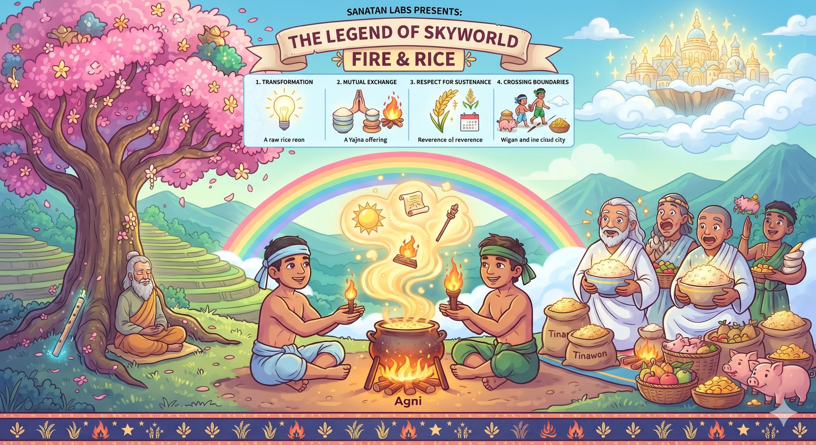 Sanatan Labs poster: The Legend of Skyworld, Fire and Rice, with four lessons: transformation, mutual exchange, respect for sustenance and crossing boundaries